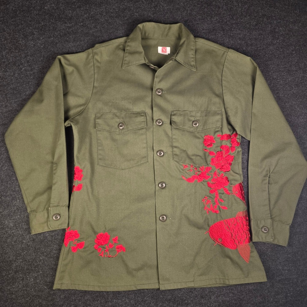 ONG Custom Embroidered Military Utility Shirt OG-507 Olive Green Koi Fish Mens M